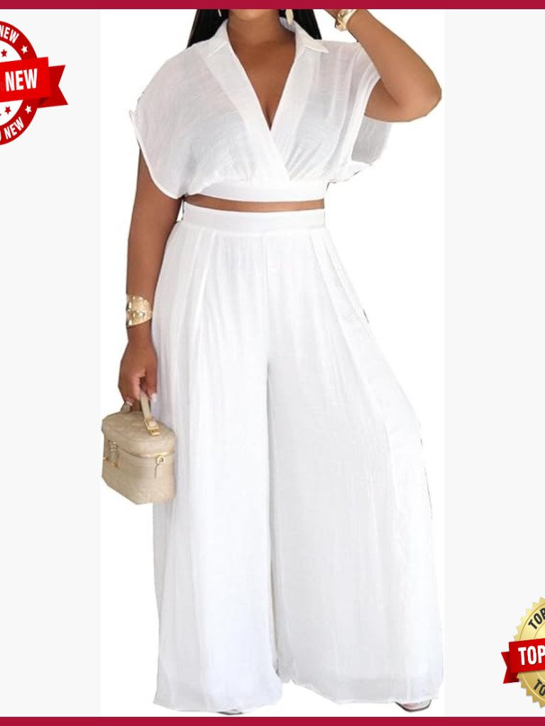 Linen Two Piece Set Wrap Crop Top Wide Leg Pants Casual Summer Outfit
